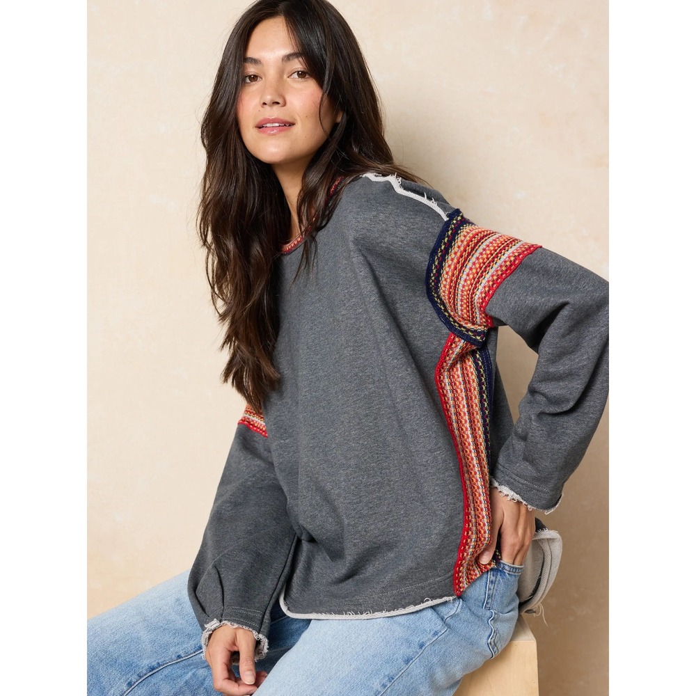 Natural Life Knit Trim Sweatshirt Top Boho Oversized Boxy‎ Heather Gray L/XL